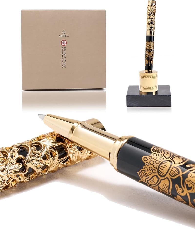 Luxury Rollerball Pen Set with Stand - Solid Metal & Marble