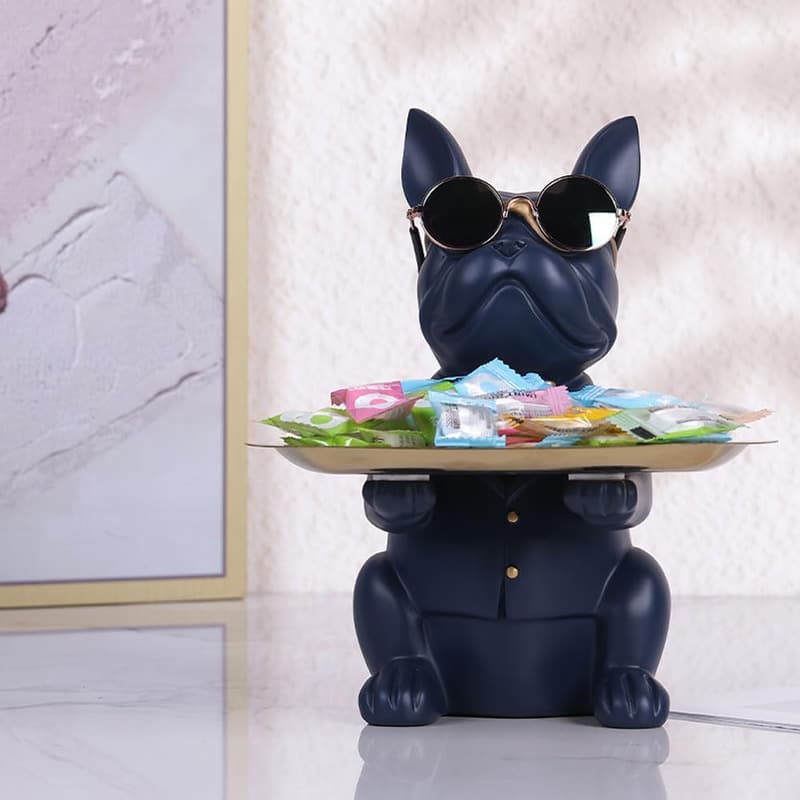 Navy Blue Bulldog Resin Tray - Modern Art Storage Holder