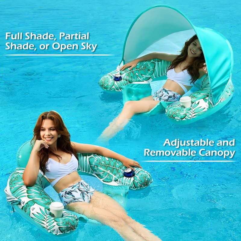 Inflatable Pool Float Chair with Canopy and Cup Holders