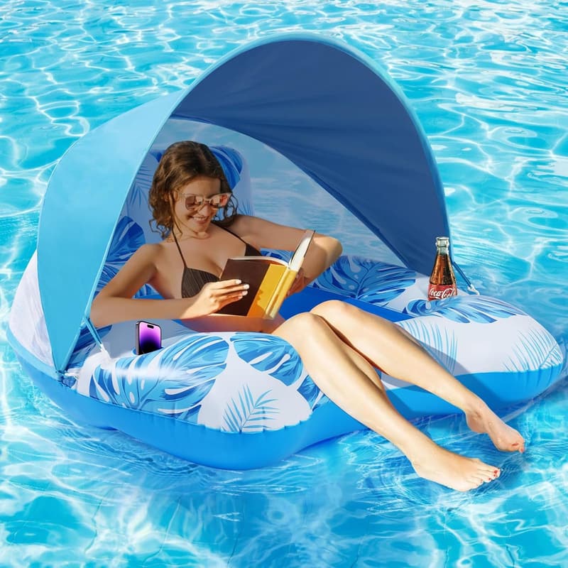 XL Inflatable Pool Float with Canopy and Cup Holder