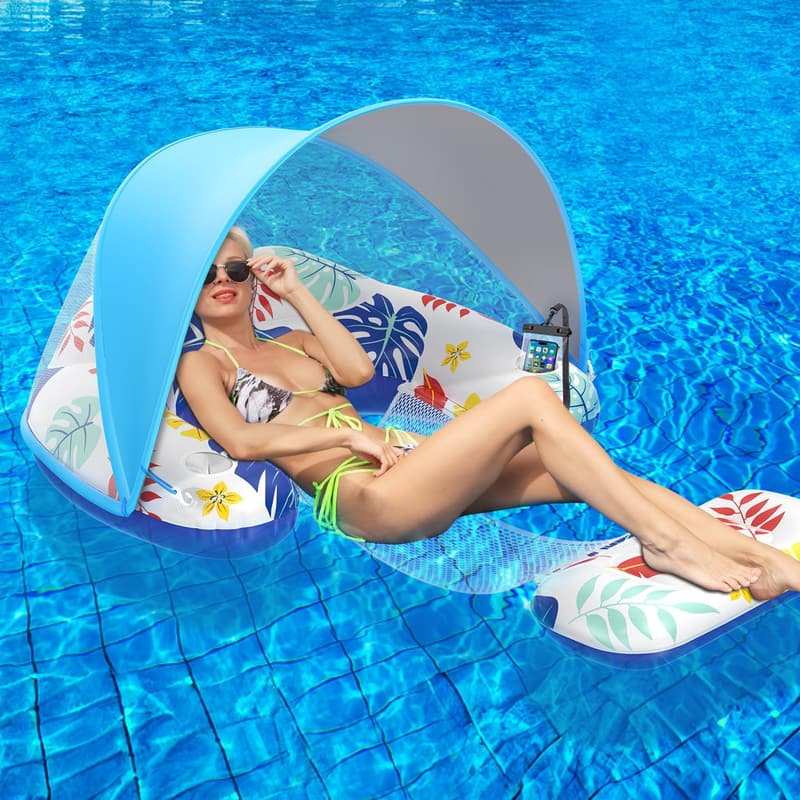 Inflatable Pool Float Chair with Canopy and Cup Holder