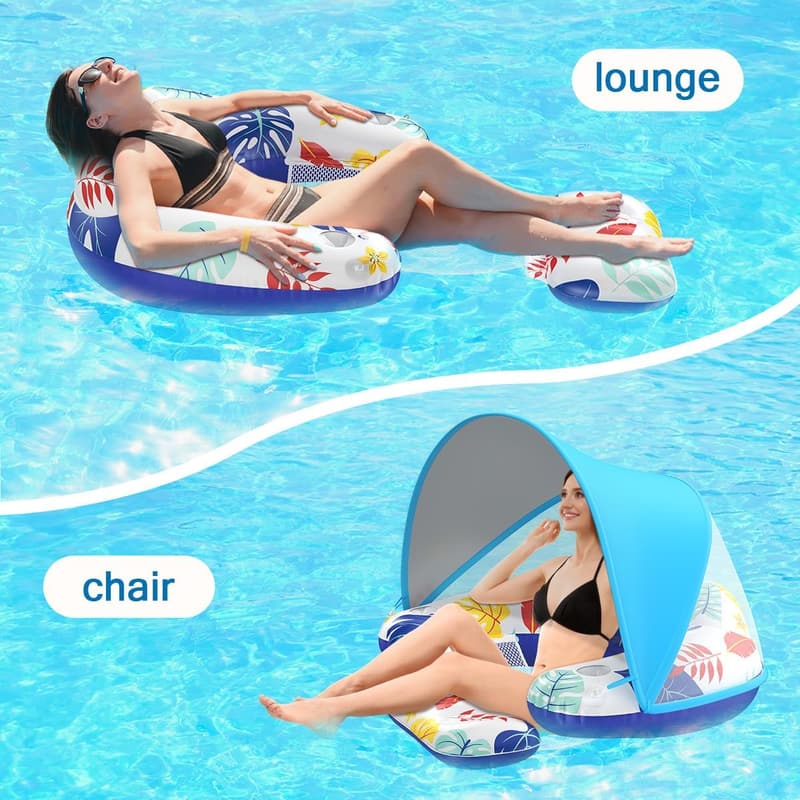 Inflatable Pool Float Chair with Canopy and Cup Holder