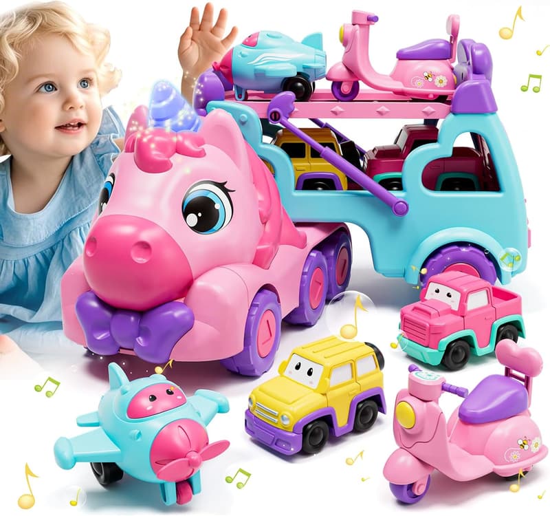 Toddler Unicorn Car Carrier Toy with Lights & Music for Girls