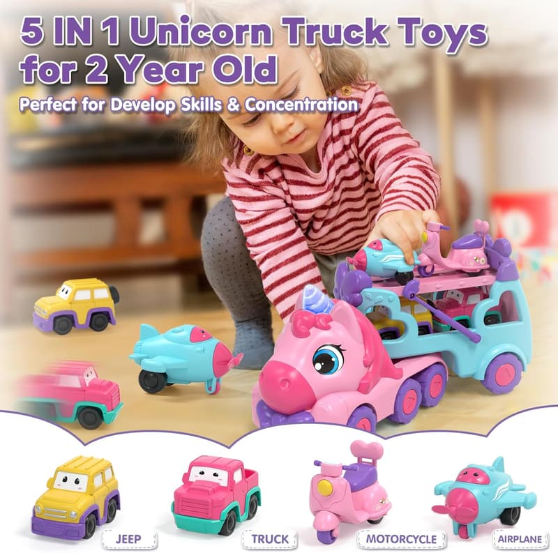 Toddler Unicorn Car Carrier Toy with Lights & Music for Girls