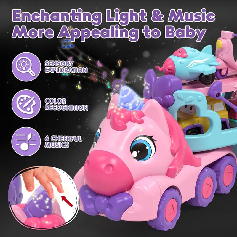 Toddler Unicorn Car Carrier Toy with Lights & Music for Girls