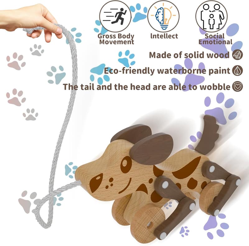 Wooden Pull-Along Dog Toy for Toddlers 1-4 Years