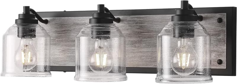 Rustic 3-Light Vanity Light with Grey Wood & Bubble Glass Shades
