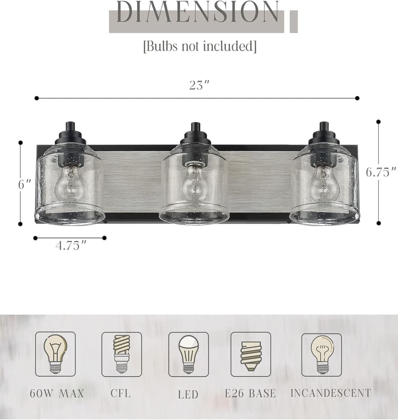 Rustic 3-Light Vanity Light with Grey Wood & Bubble Glass Shades