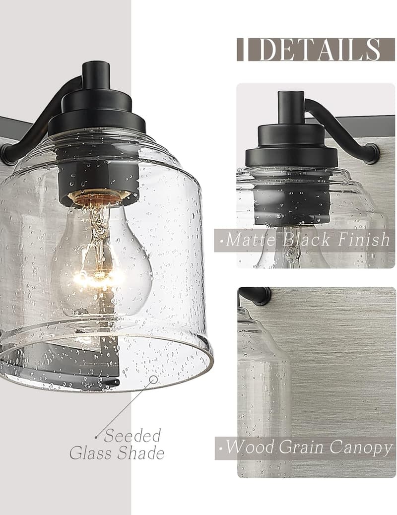 Rustic 3-Light Vanity Light with Grey Wood & Bubble Glass Shades