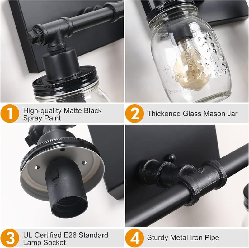 Industrial Vintage Mason Jar Vanity Light for Bathroom