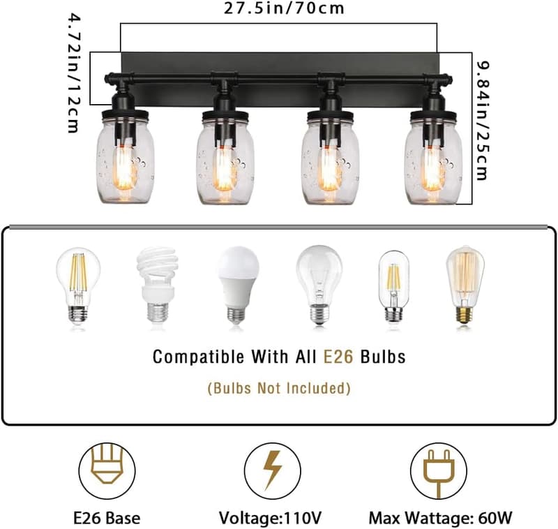 Industrial Black Vintage Bathroom Vanity Light Fixtures with Glass Shades