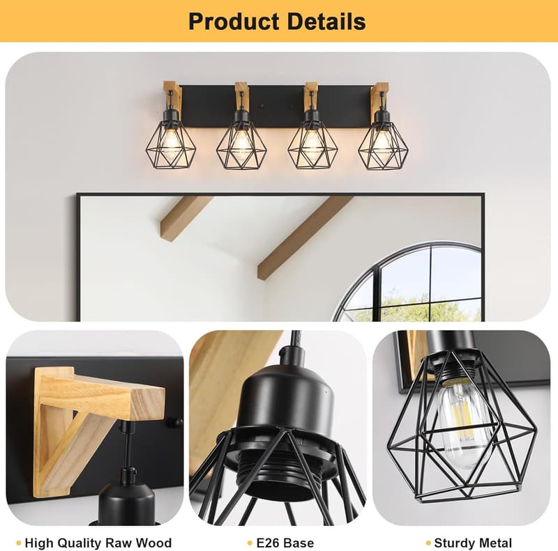 Rustic 4-Light Farmhouse Bathroom Vanity Fixture