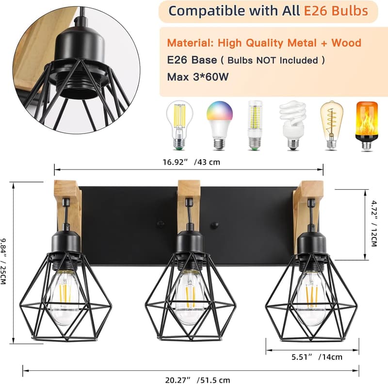 Rustic 3-Light Bathroom Vanity Light Fixture with Metal Shade