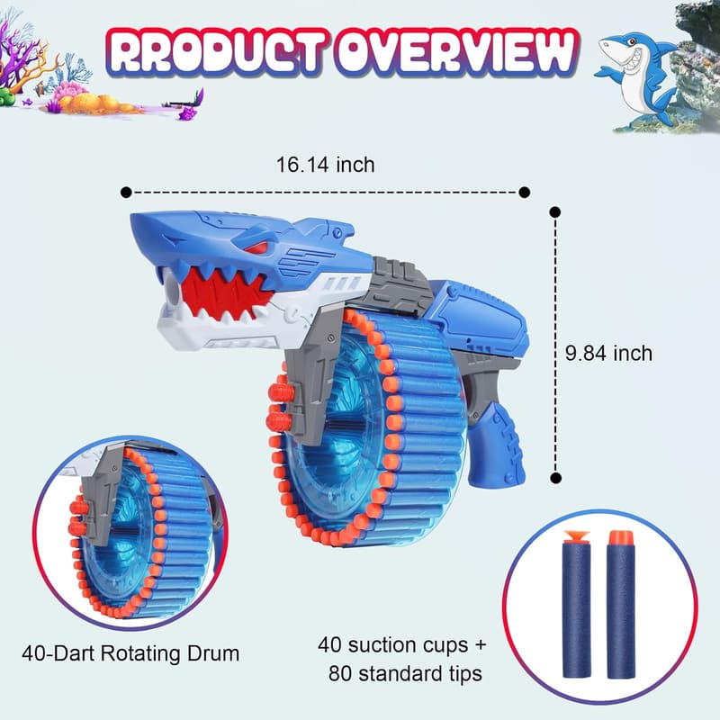 Shark Toy Foam Blaster with 120 Soft Bullets for Kids 6+