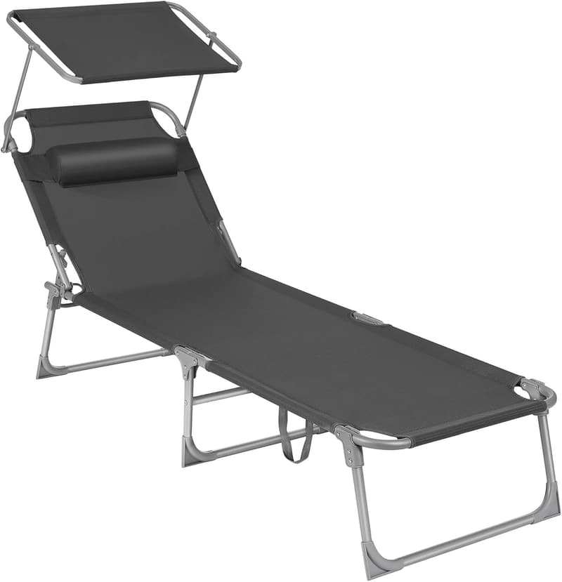 Folding Sun Lounger with Canopy, Adjustable Headrest, Dark Gray