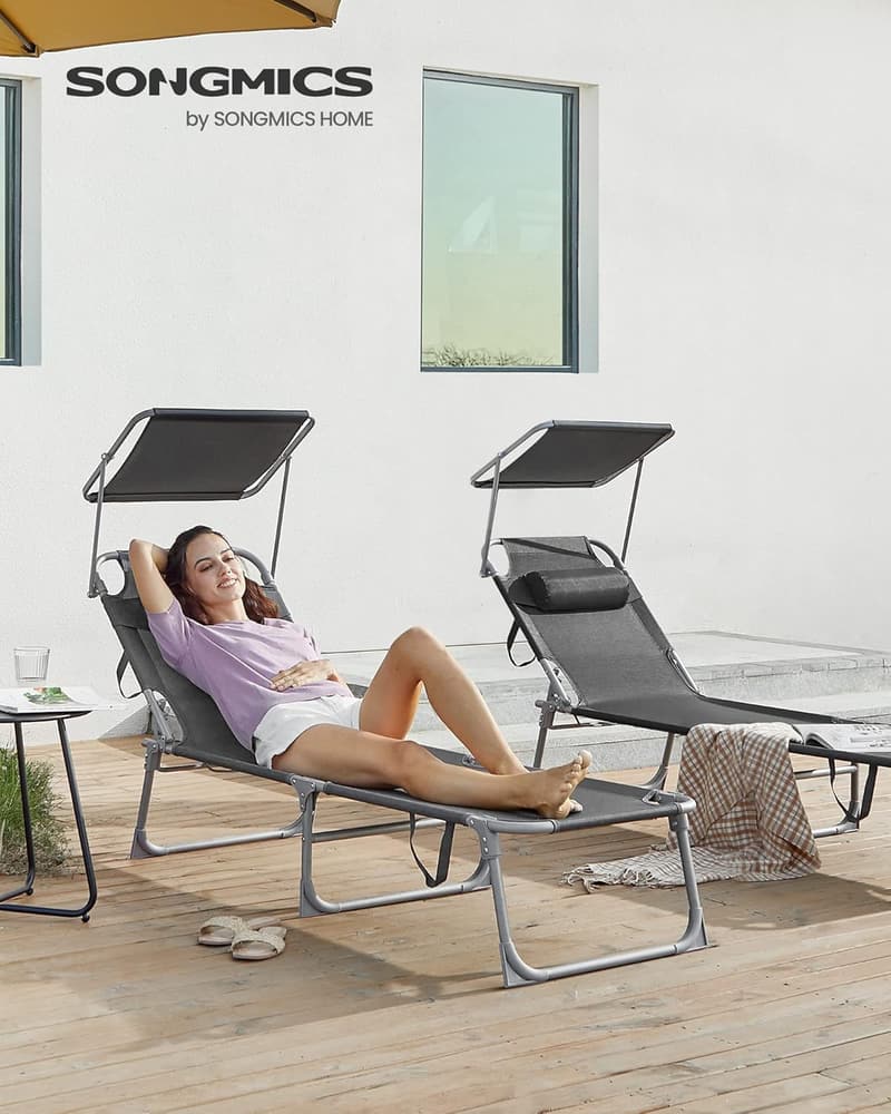 Folding Sun Lounger with Canopy, Adjustable Headrest, Dark Gray