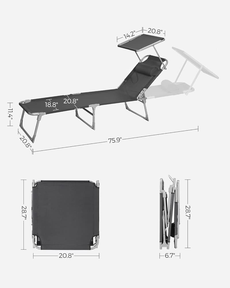Folding Sun Lounger with Canopy, Adjustable Headrest, Dark Gray