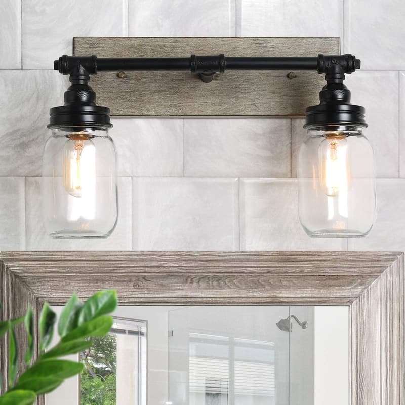 Farmhouse 2-Light Faux-Wood Vanity Light with Mason Jar Shades