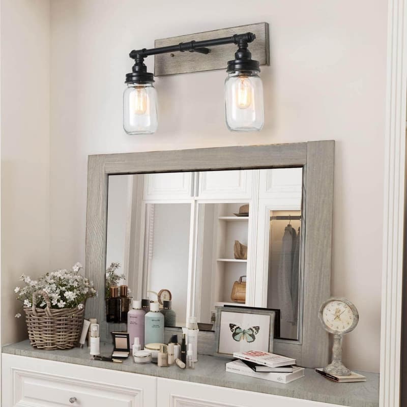 Farmhouse 2-Light Faux-Wood Vanity Light with Mason Jar Shades
