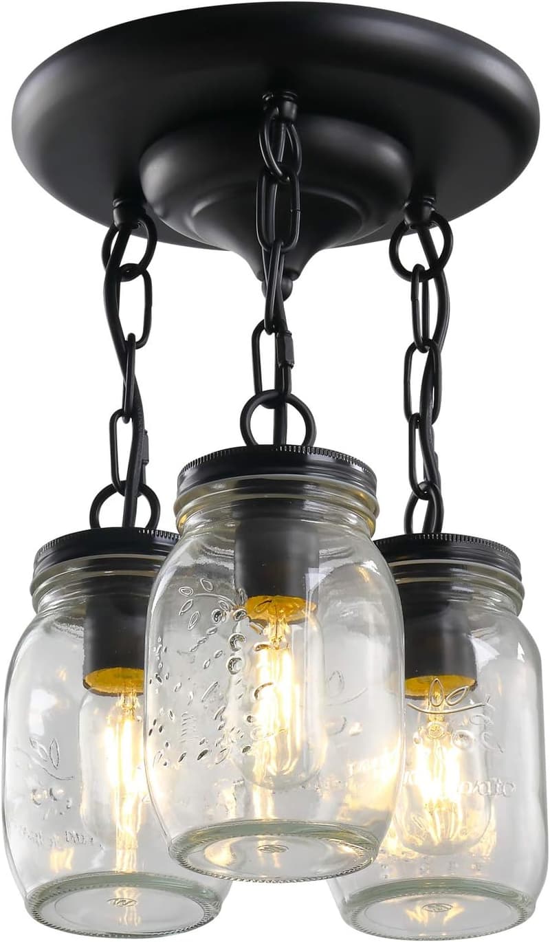 Farmhouse Flush Mount 3-Light Mason Jar Ceiling Fixture