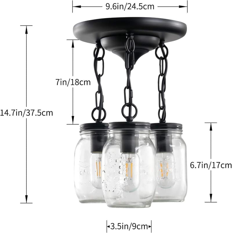 Farmhouse Flush Mount 3-Light Mason Jar Ceiling Fixture