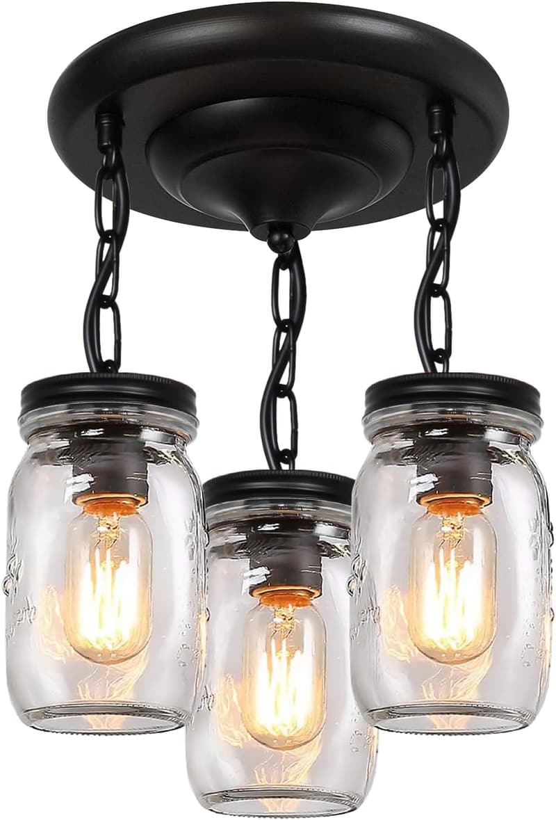 Black 3-Light Glass Mason Jar Pendant Ceiling Fixture