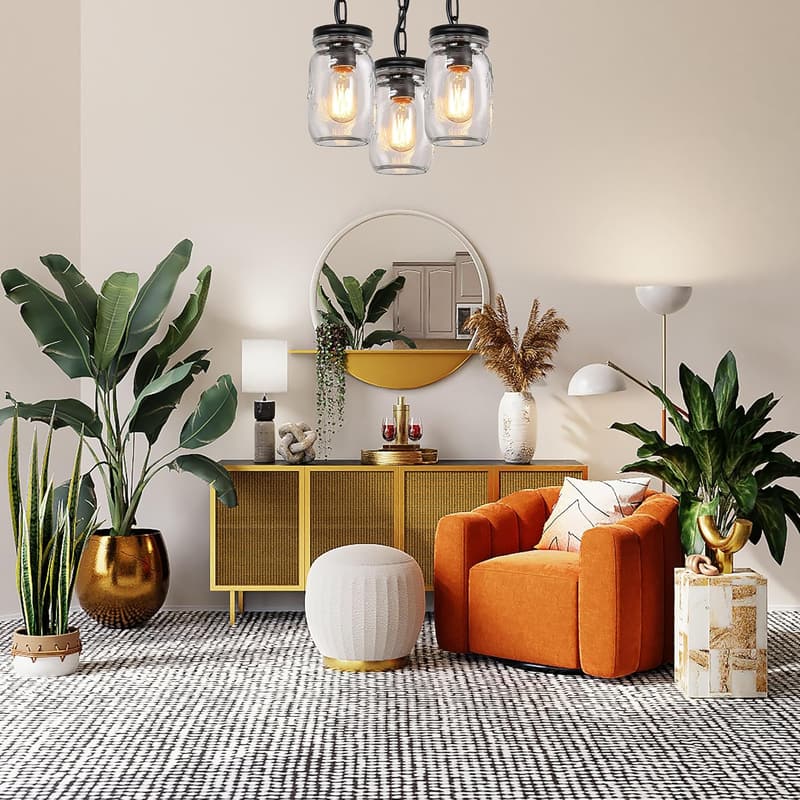 Black 3-Light Glass Mason Jar Pendant Ceiling Fixture