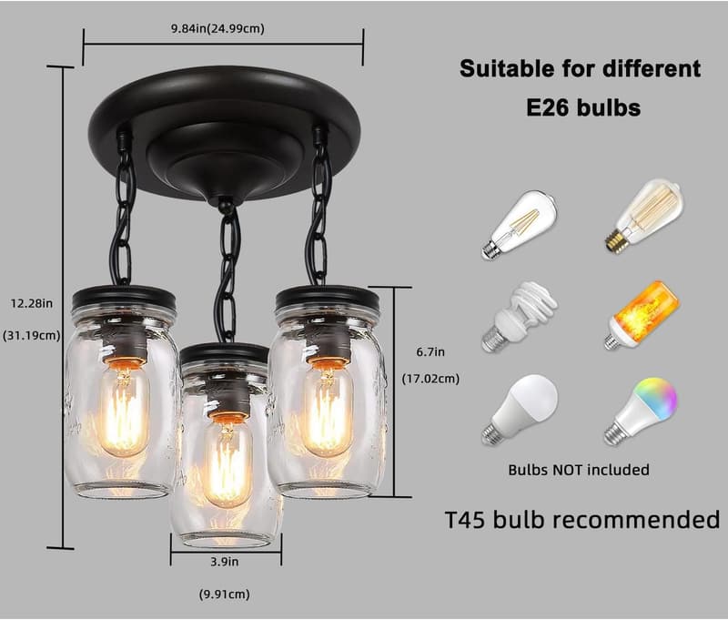 Black 3-Light Glass Mason Jar Pendant Ceiling Fixture