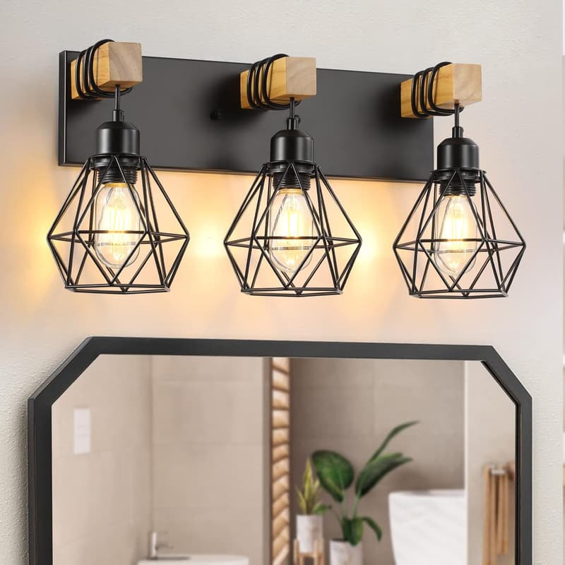Rustic 3-Light Wood Bathroom Vanity Light Fixture