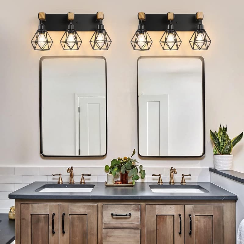 Rustic 3-Light Wood Bathroom Vanity Light Fixture