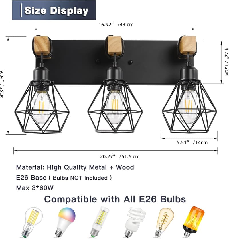 Rustic 3-Light Wood Bathroom Vanity Light Fixture