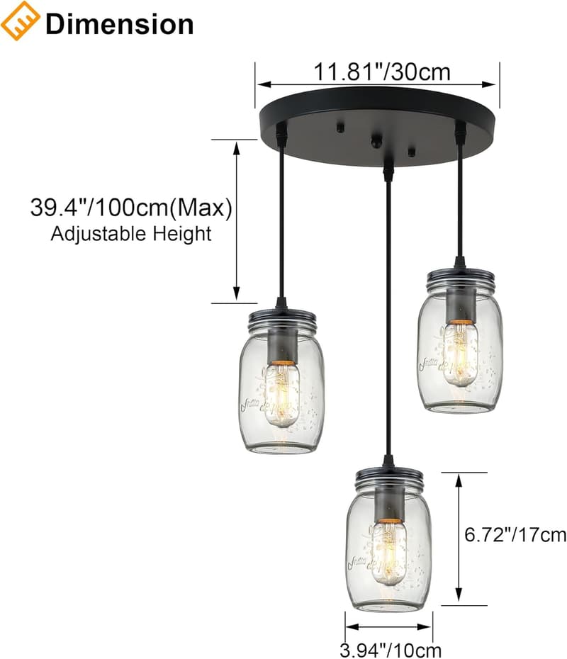 Adjustable Glass Mason Jar Pendant Light for Kitchen Island