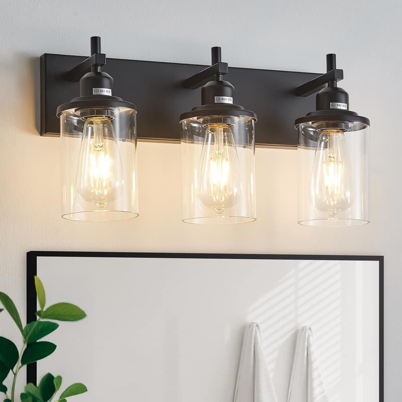 Modern Farmhouse 3-Light Black Vanity Light Fixture with Glass Shades
