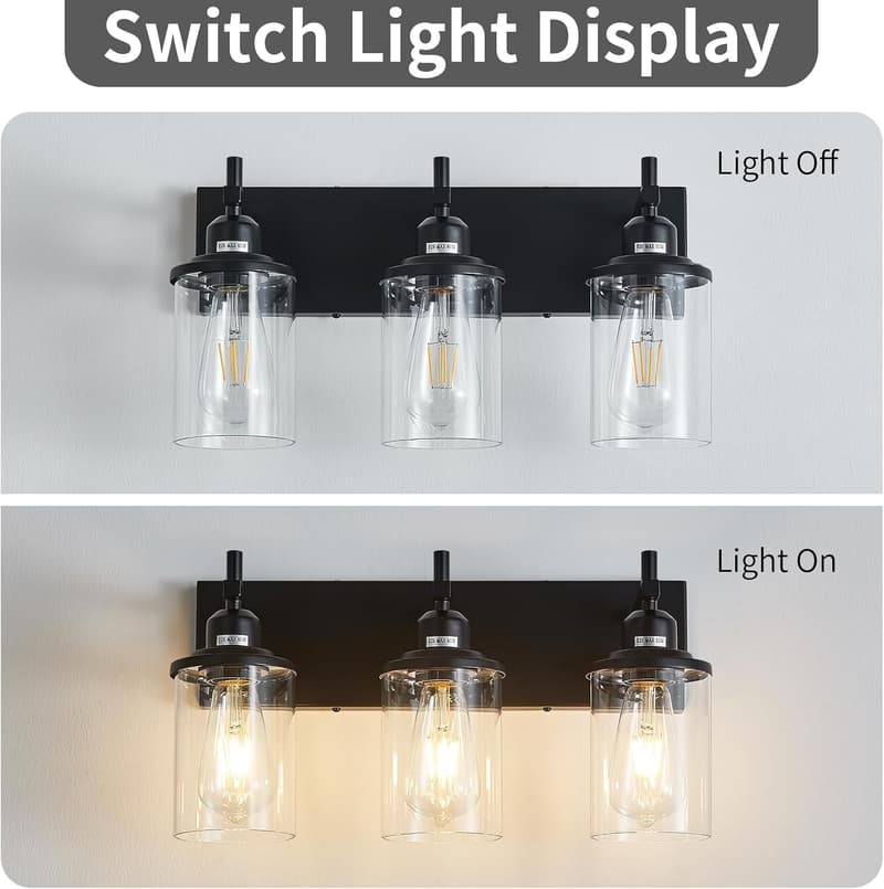 Modern Farmhouse 3-Light Black Vanity Light Fixture with Glass Shades