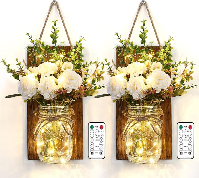 Rustic Wall Decor Mason Jar Sconces with LED Fairy Lights Set of 2