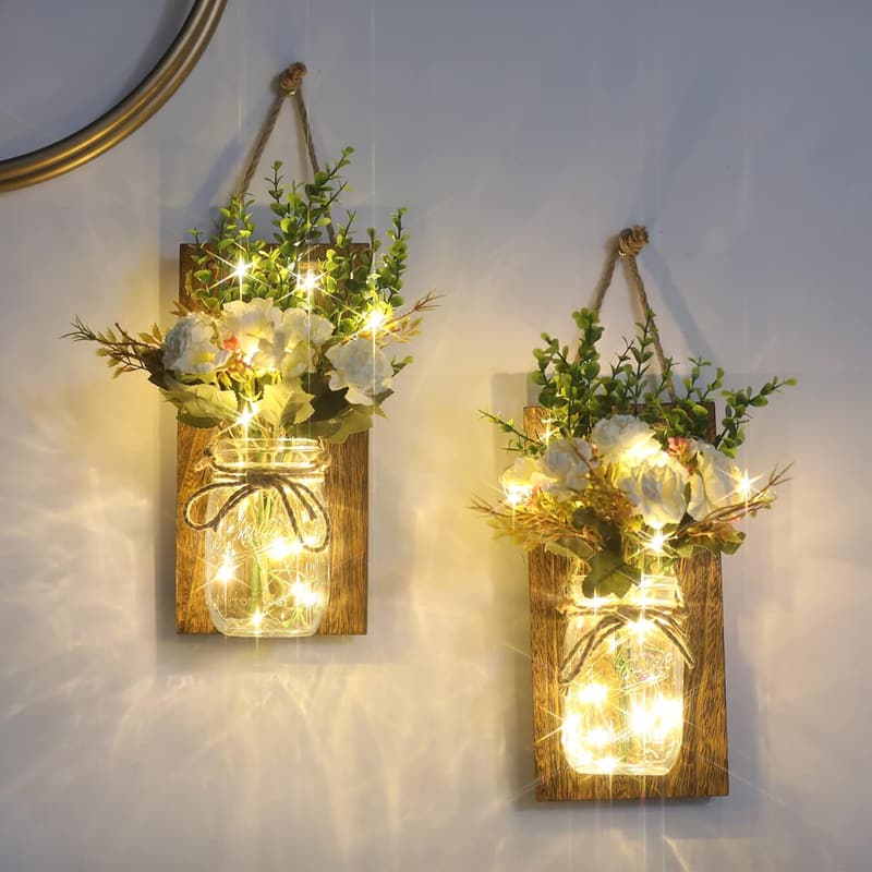 Rustic Wall Decor Mason Jar Sconces with LED Fairy Lights Set of 2