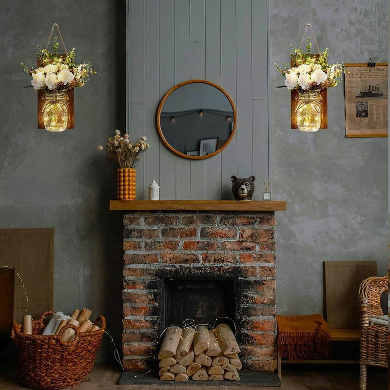 Rustic Wall Decor Mason Jar Sconces with LED Fairy Lights Set of 2