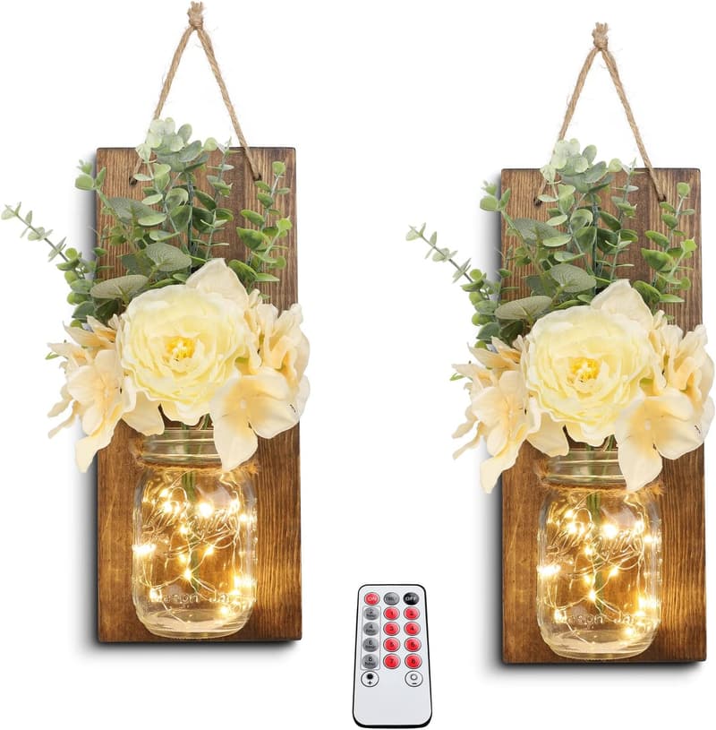 Rustic Wall Decor with LED Lights - Mason Jar Wall Sconces (Set of 2)