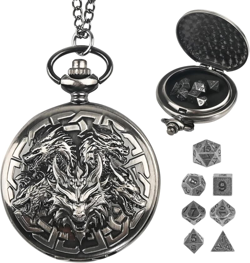 Mini Metal D&D Dice Set with Pocket Watch Case - Ancient Silver
