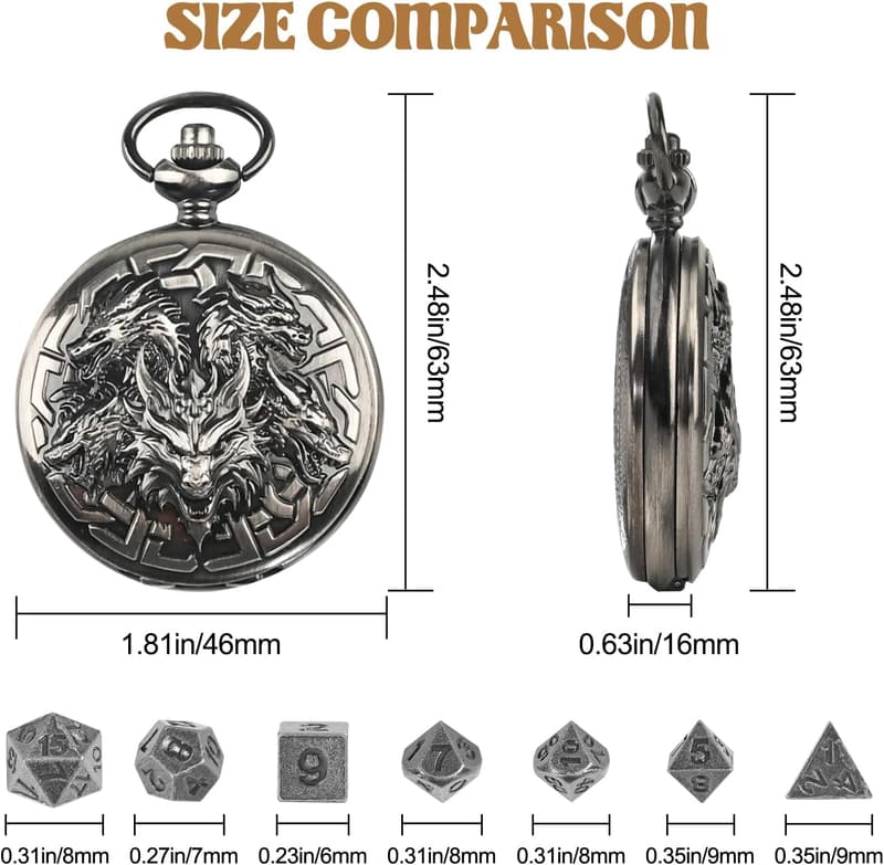 Mini Metal D&D Dice Set with Pocket Watch Case - Ancient Silver