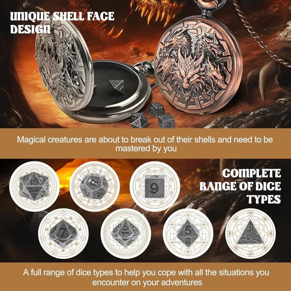 Mini Metal D&D Dice Set with Pocket Watch Case - Ancient Silver