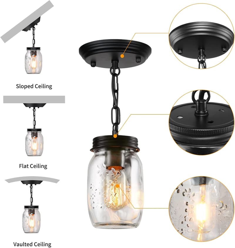 Farmhouse Pendant Lighting - 2 Pack Mason Jar Chandeliers