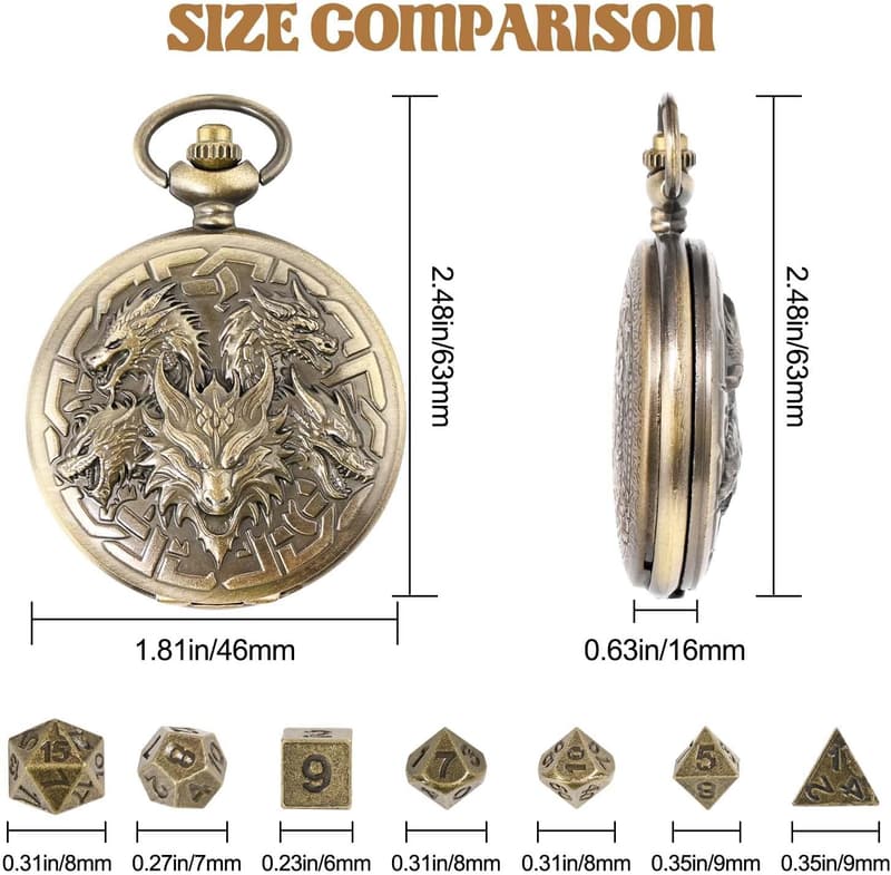 Metal D&D Dice Set with Pocket Watch Case - 7 PCS Bronze