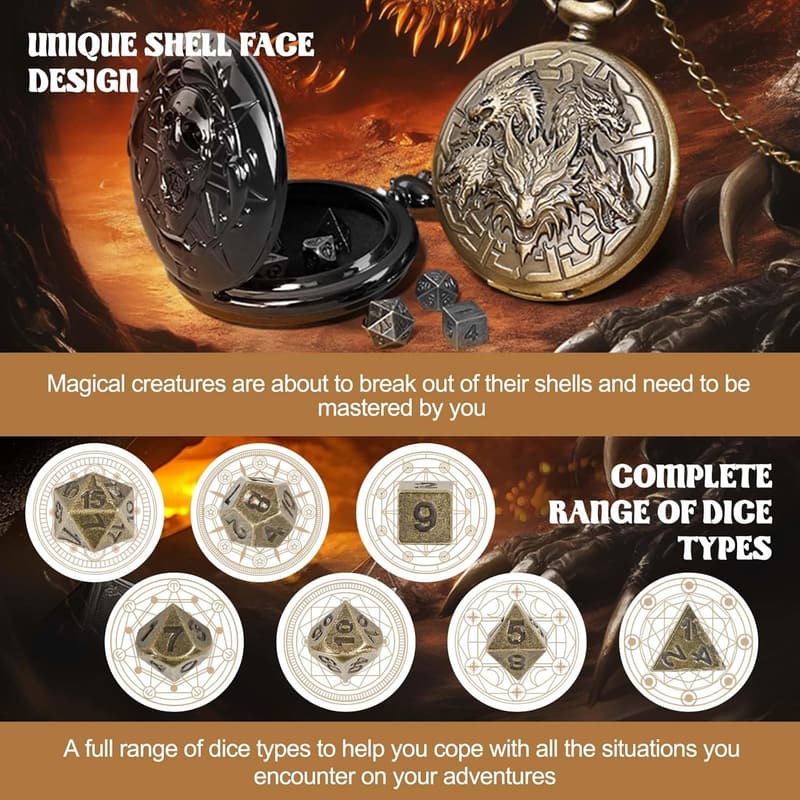 Metal D&D Dice Set with Pocket Watch Case - 7 PCS Bronze