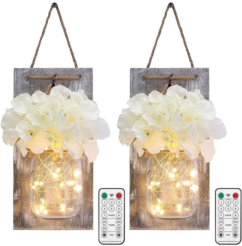 Rustic Mason Jar Wall Lights with Remote Control - Set of 2