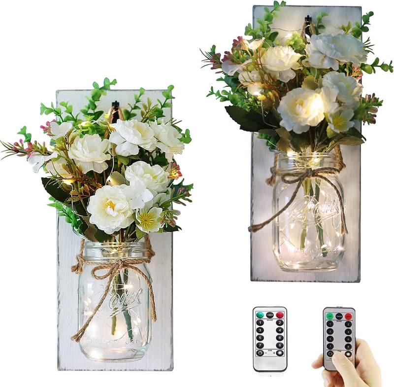 Mason Jar Sconces with Timer LED Lights for Rustic Home Decor