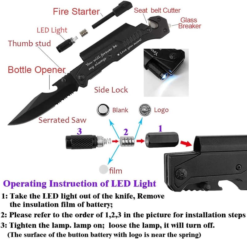 Multi-Functional Pocket Knife with LED Light for Him
