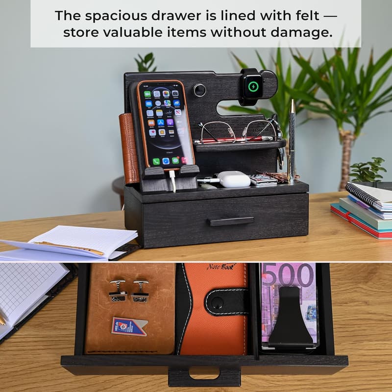Birthday Gift Wood Phone Docking Station Organizer for Men
