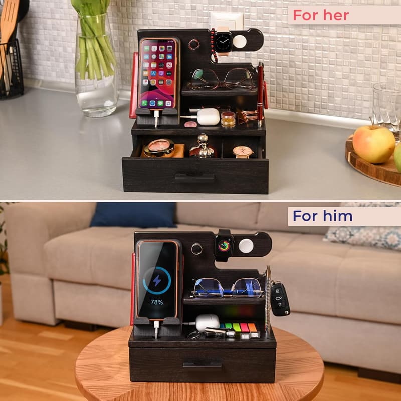 Birthday Gift Wood Phone Docking Station Organizer for Men