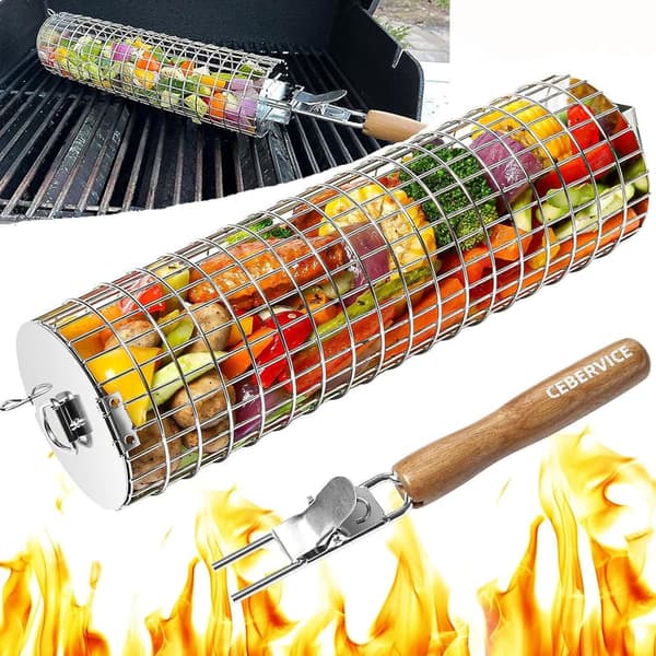 Stainless Steel BBQ Grill Basket with Removable Handle Gift for Dad